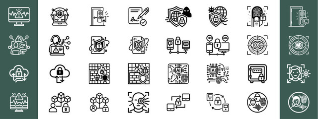 Cybersecurity & Biometric Identity Authentication Bold Line Icon Set ? Fingerprint, Facial Recognition, Data Protection, Secure Access, Encryption, and Network Safety Vector Pack.ai