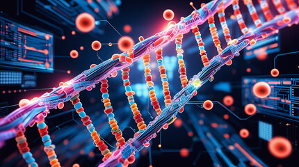 Futuristic digital representation of dna and cellular structures