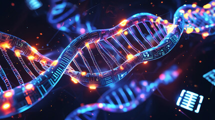 Abstract glowing dna double helix with digital elements