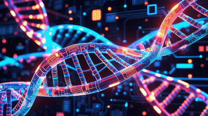 Futuristic digital dna helix with neon circuitry background