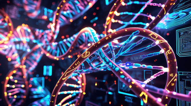 Abstract digital art of glowing dna strands in neon colors - Powered by Adobe