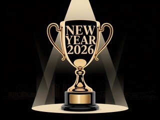Celebrate the Achievement of a New Year 2026 Victorious Golden Trophy Illuminated by Spotlights on a Stage with City Skyline Silhouette in the Background