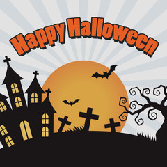 Happy Halloween Greeting Cartoon Vintage Style Illustration with Spooky Tree ,Moon ,Witch and Jack O Lantern.