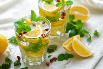 Refreshing lemon mint and pomegranate summer drinks