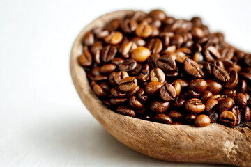 Fototapeta premium Close up of roasted coffee beans in a wooden spoon