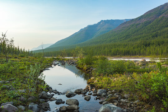 Khikhikal River. Polar day on Putorana Plateau, Taimyr