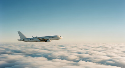 Passenger airplane flying above the clouds in a blue sky background. Side view angle. Modern passenger jet airplane.