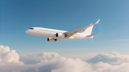 Obraz premium White airplane flying above the clouds in a blue sky background. Passenger jet aircraft. Side view angle, low view.