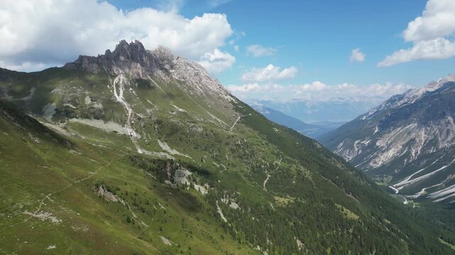 Aerial view of the rugged mountain peak of Elferspitze in the alpine scenery of the Stubai Alps in the Tyrol region of Austria in summer