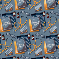 Medical Seamless pattern background. Stethoscope, Chest X Ray, pills and glasses on blue.