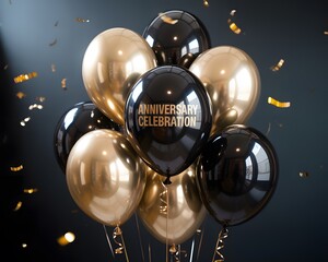 Elegant Black and Gold Balloons Creating a Festive Atmosphere for a Special Anniversary Celebration Filled with Confetti and Sparkle