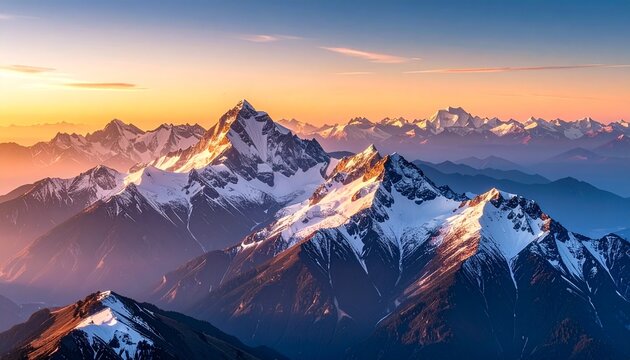Majestic snow-capped mountain range bathed in the warm glow of a sunrise, with a clear sky displaying vibrant colors.