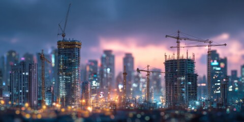 Fototapeta premium Futuristic Urban Construction Site with Skyscrapers, Cranes, and a Vibrant City Skyline at Sunset