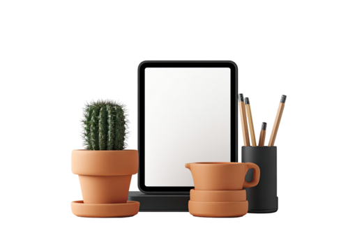 A mock-up setup featuring a tablet, a cactus, a creamer, pencils, and a holder
