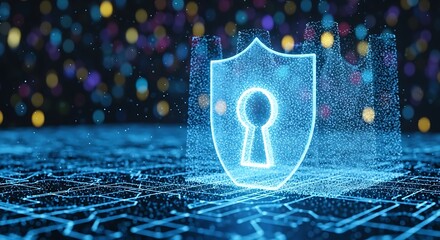 Digital data protection with a shield and keyhole, symbolizing cybersecurity and privacy in the digital age, with a futuristic tech aesthetic