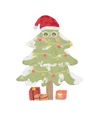 Cute watercolor funny pink green pastel colors christmas tree wearing red santa claus hat cap with presents gift kids hand drawn illustration greeting holiday card sticker clipart vector