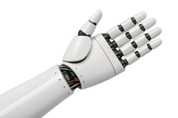 A sleek white robotic hand with an open palm and visible internal wires extends forward. This isolated transparent png represents future bionic technology.