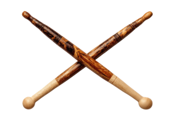 Crossed wooden percussion sticks against a black background. Detailed wood grain visible