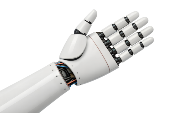 A sleek white robotic hand with an open palm and visible internal wires extends forward. This isolated transparent png represents future bionic technology.