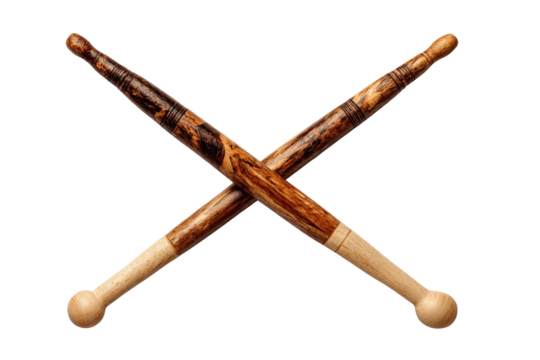 Crossed wooden percussion sticks against a black background. Detailed wood grain visible