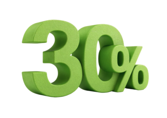 3D rendered green number "30%" against black background, textured, isolated