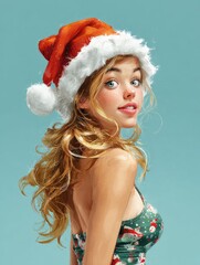 Blonde Girl in Santa Hat Smiling Generative AI