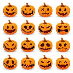 Collection of 16 carved Halloween pumpkins jack-o-lantern