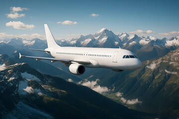Obraz premium Passenger airplane flying above the snowy mountains in a blue sky background. Front corner view angle.