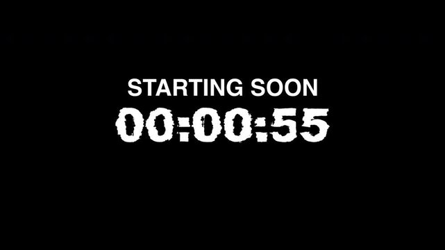 Digital countdown clock timer in 1 minute to zero second with starting soon text. Glitch effect