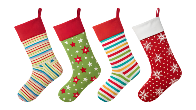 Four colorful Christmas stockings with diverse festive patterns hang in a row. This transparent png image is isolated, perfect for holiday designs.