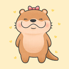 Cute cartoon otter with pink bow and hearts animal