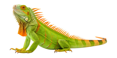 Obraz premium A detailed green iguana stands alert, looking up, showing its vibrant orange spines and dewlap. Transparent background png isolated.