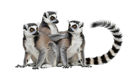Three ring-tailed lemurs captured in a realistic, isolated photograph on a clean white background