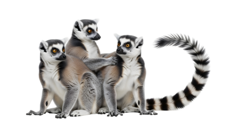 Three ring-tailed lemurs captured in a realistic, isolated photograph on a clean white background