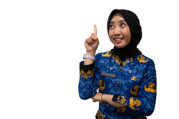 a female dressed in Indonesian Civil Servant uniform or known as KORPRI in isolated white background