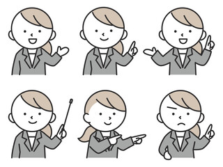 指さしや案内のポーズをするスーツを着た女性のイラストセット　シンプルで可愛い人物素材