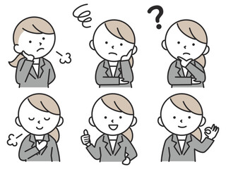 溜息をついたりホッとする表情のスーツを着た女性のイラストセット　シンプルで可愛い人物素材