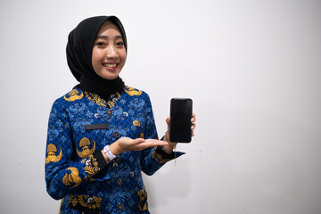 a female dressed in Indonesian Civil Servant uniform or known as KORPRI in isolated white background