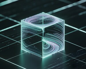 Exploring the Interconnected Flow of Data and Energy within a Luminescent Digital Cube Surrounded by a Futuristic Grid System