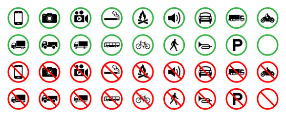 Vector set of allowed and prohibited actions with green and red circular signs. Includes icons for transport, parking, smoking, mobile use, and walking. Perfect for safety and regulation signage.