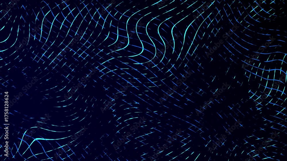 Wall mural moving neon swirling lines with wave warp effects patchwork glowing pattern design on a dark gradien