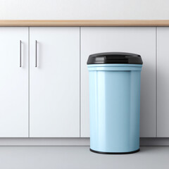 Blue kitchen trash can with black lid beside cabinet, bright modern kitchen