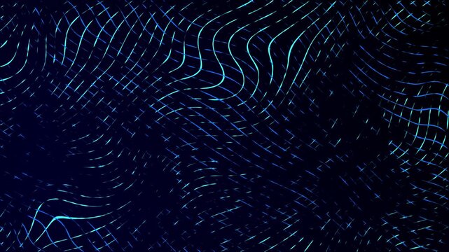 Moving neon swirling lines with wave warp effects patchwork glowing pattern design on a dark gradient background dynamic abstract motion graphics textured overlay colour way blue cyan