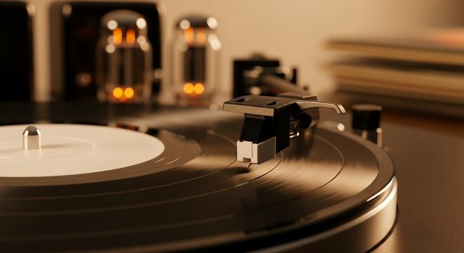 Close-up view of a record player with vacuum tubes in soft, vintage lighting, showing vinyl spinning. Concept for music listening, retro technology and audio equipment advertising