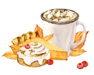 A slice of pumpkin pie, cocoa with marshmallows, and Cinnabon. Watercolor illustration of traditional autumn baking. A dessert for Thanksgiving and Halloween. Sticker for holiday decor. Retro clip art