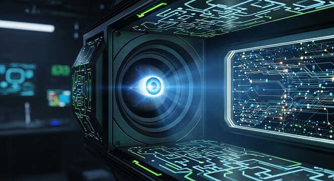 Futuristic camera lens with glowing blue iris and circuit board details, concept for artificial intelligence, advanced technology and surveillance systems