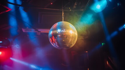 A Gleaming Disco Ball Suspended in a Smoky Atmosphere Illuminated by Dynamic Blue and Yellow Stage Lights Creating a Vibrant Party Ambiance