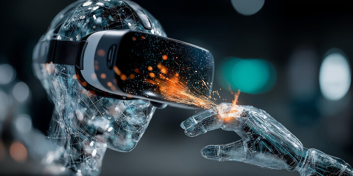 Futuristic robot wearing virtual reality headset interacts with digital interface, symbolizing innovation in technology and artificial intelligence