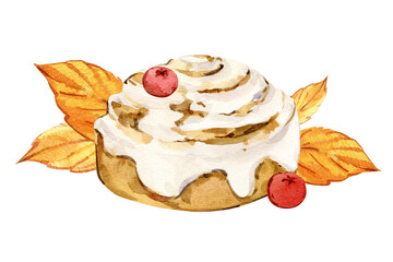 Cinnabon with autumn berries. Hand-drawn bun with sweet icing. Watercolor dessert. A classic American treat. Perfect for coffee shop menus, pastry shops, and baking recipes. Retro style.
