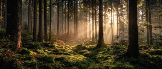 Obraz premium Enchanting Forest Scene - Sunlight Piercing Through Trees, Mossy Ground.